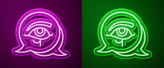 Glowing neon line Eye of Horus icon isolated on purple and green background. Ancient Egyptian goddess Wedjet symbol of protection, royal power and good health. Vector