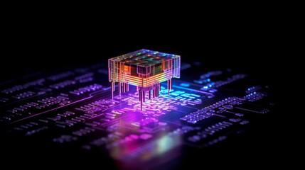 A close-up of a microchip on a multicolored circuit board. AI