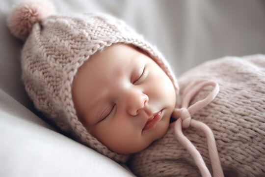 Baby with a wool hat. generate by ai