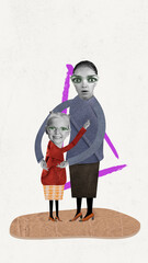 Contemporary art collage with shocked mother with surprised face and little smiling daughter over white background. Mischievous kid