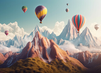 A Colorful Hot Air Balloons Floating Serenely Amidst the Breathtaking Mountain Views and Beautiful Cloudy Sky with Amazing Display of Colors and Light