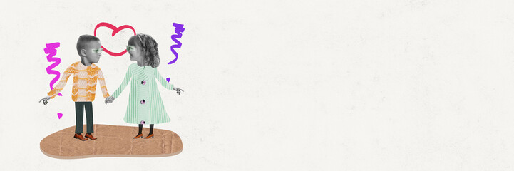 Contemporary art collage with cute little couple, boy and girl holding each other hands near big heart over white background. Romance relationship