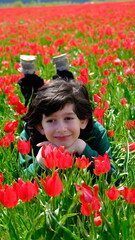 Boy stretching in a field of tulips.