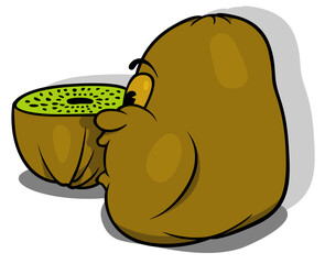 Kiwi Fruit with a Face from Profile and a Halved Part in Front