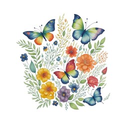 watercolor natural pattern of butterflies with floral and herbal elements. Ai generative art.