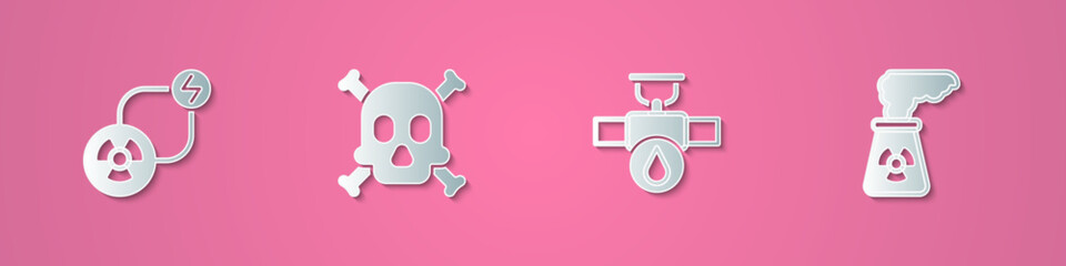 Set paper cut Radioactive exchange energy, Bones and skull warning, Industry pipe valve and Nuclear power plant icon. Paper art style. Vector