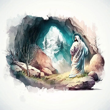 Jesus Christ and the withered fig tree, the Gospel parable. Christian Illustration, Created using generative artificial intelligence technology