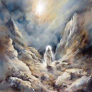 Religious watercolor illustration of a holy man in the mountains, a prophet in prayer, for religious publications.Created using generative artificial intelligence technology