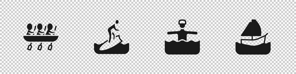 Set Canoe rowing team sports, Surfboard, Water gymnastics and Yacht sailboat icon. Vector