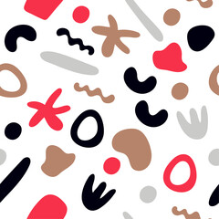 Abstract seamless pattern of colorful freehand red and black doodles. Flat cartoon illustration with simple random shapes  for textile, paper, fabric, background, print design. Vector