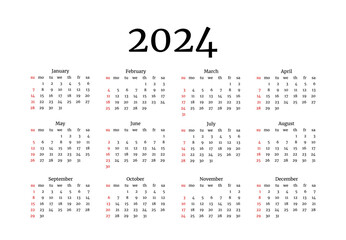 Calendar for 2024 isolated on a white background