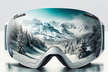 Snowboard Goggles On White Background, Close Up View, The Mountains And Forest Are Reflected In The Glasses - Generative AI - obrazy, fototapety, plakaty