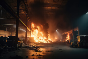 Fototapeta na wymiar The fire burns over the warehouse, black smoke flames into the sky. AI