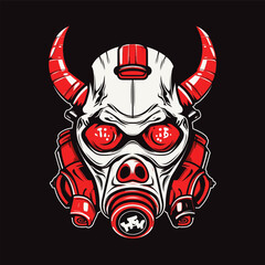 Red and White Bull Radioactive hazard with gas mask on black background vector art t-shirt design illustration