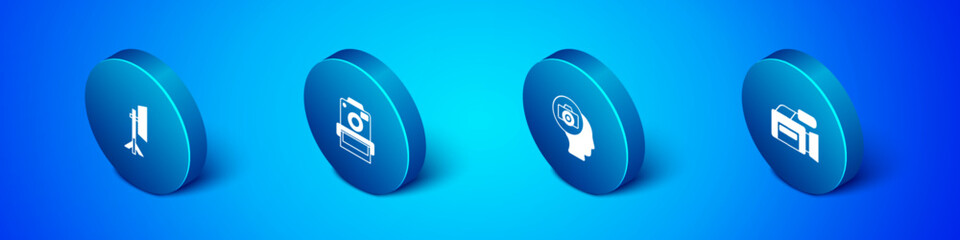 Set Isometric Studio light bulb in softbox, Photo camera, Cinema and icon. Vector