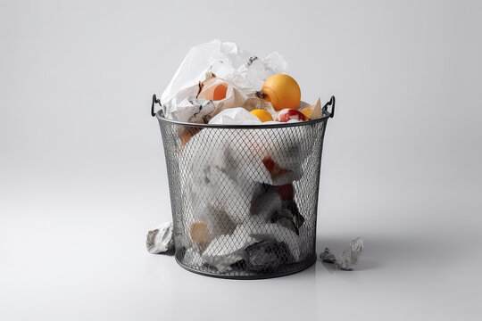 opened and full trash bin over a white background. AI