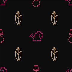 Set line Flower in pot, Corn and Watering can on seamless pattern. Vector