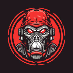 Red Gorilla ape Radioactive hazard with gas mask on black background vector art t-shirt design illustration