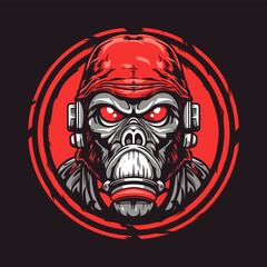 Red Gorilla ape Radioactive hazard with gas mask on black background vector art t-shirt design illustration