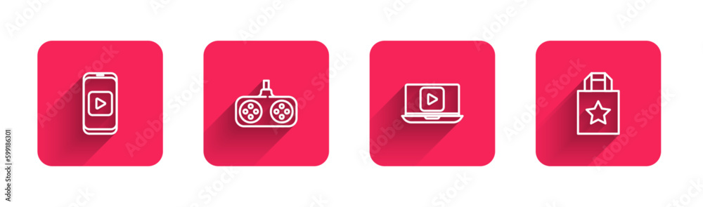 Sticker Set line Online play video, Gamepad, and Paper shopping bag with long shadow. Red square button. Vector