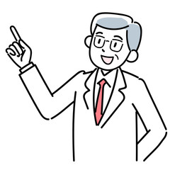 指差すポーズのシニアのドクターの上半身