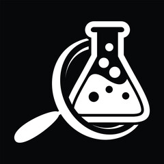 Laboratory experiment icon. Chemical flask and magnifier outline vector icon