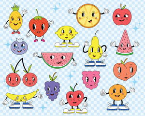 Vintage characters groovy cartoon. Set of retro groovy fruits.  Watermelon, pear, peach, lemon, banana, cherry, grape, orange, tangerine, mandarine, apple.