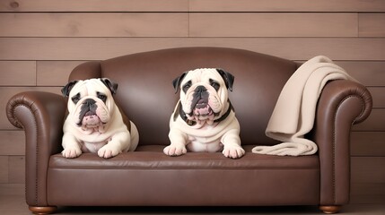 A portrait of an English Bulldog relaxing on a vintage leather armchair