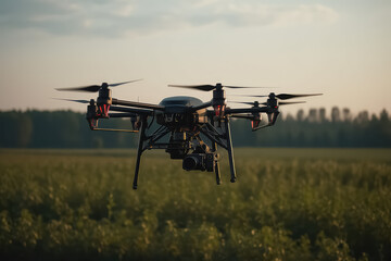 Agricultural drone flies to spray fertilizer in sweet corn fields, terrain scanning technology, AI