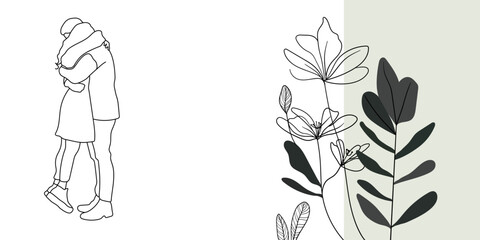 Lovers line art drawing on floral background. Modern green shape outline art. Minimal design for wedding card template. Vector illustration