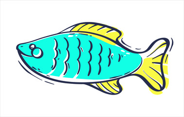 Cute turquoise fish with yellow fins. Sea fish on an isolated white background. Children's nautical print for any design. Vector illustration in doodle style.