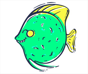 Cute green fish ball. Sea fish on an isolated white background. Children's nautical print for any design. Vector illustration in doodle style.