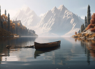 Fototapeta na wymiar A Wooden Fishing Boat Drifting Across the Crystal-Clear Water Lake, Encircled by the Breathtaking Winter Beauty of the Mountain Scenery of Nature - AI Generated