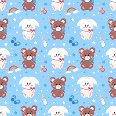 Vector seamless baby pattern, backdrop for wallpaper, print, textile, fabric, wrapping. Baby bottle, booties, rainbow, cute bunny and bear toy on blue background. Baby shower, newborn concept