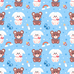 Obraz premium Vector seamless baby pattern, backdrop for wallpaper, print, textile, fabric, wrapping. Baby bottle, booties, rainbow, cute bunny and bear toy on blue background. Baby shower, newborn concept