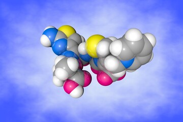 Ceftazidime , antibiotic. Space-filling molecular model. Atoms are shown as spheres with color coding: carbon (grey), oxygen (red), hydrogen (white), nitrogen (blue), sulfur (yellow). 3d illustration