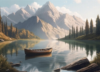 Obraz premium A Wooden Fishing Boat Drifting Across the Crystal-Clear Water Lake, Encircled by the Breathtaking Winter Beauty of the Mountain Scenery of Nature - AI Generated