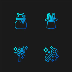 Set line Old magic key, Magic staff, Witch cauldron and Magician hat and rabbit ears. Gradient color icons. Vector