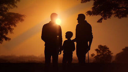 Naklejka na ściany i meble Silhouette of family at sunset. Concept of happy Father day, generative ai