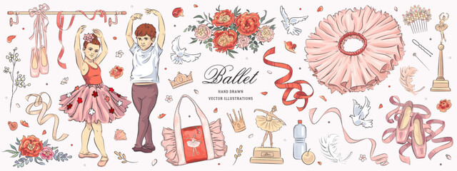 Set with hand drawn little ballerinas and ballet school elements. Girl and boy dancing ballet. Vector illustration © AM_art