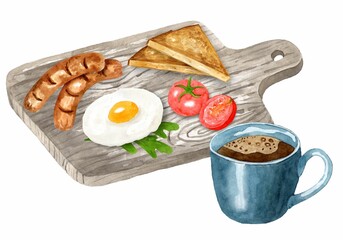 Traditional breakfast with egg, toast, sausages, tomatoes and herbs on cutting board and a blue cup of coffee. Hand drawn watercolor illustration isolated on white background. Template for design.