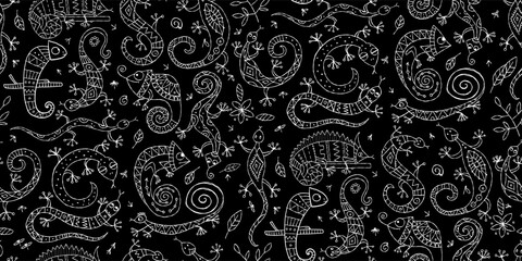 Lizard characters, jungle animal. Chameleon seamless pattern for your design