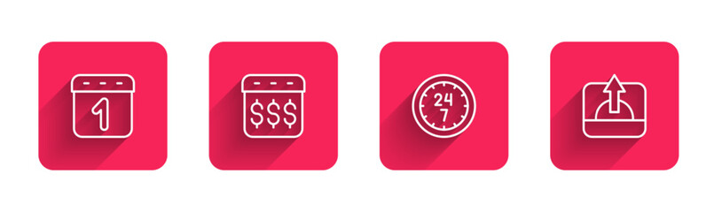 Set line Calendar, Payday, calendar with dollar, Clock 24 hours and Sunrise with long shadow. Red square button. Vector