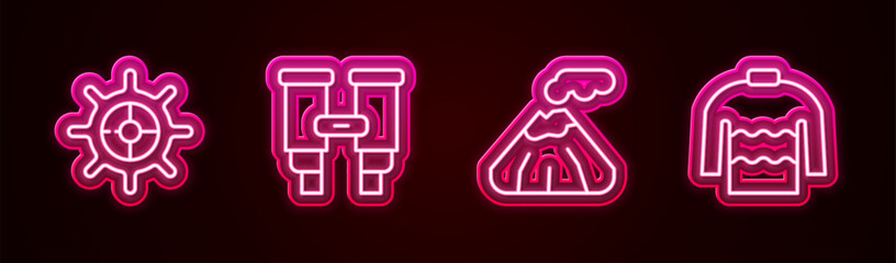 Set line Ship steering wheel, Binoculars, Volcano and Sweater. Glowing neon icon. Vector