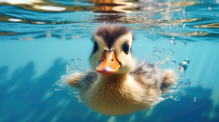 Ein süßes Entenküken schwimmt unter Wasser, Generative AI - obrazy, fototapety, plakaty