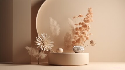 3D render of the podium for product display with pampas grass, generative Ai