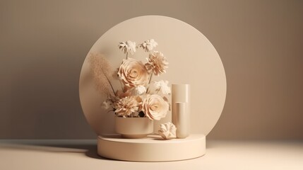 3D render of minimal product display podium with flowers in vase, generative Ai