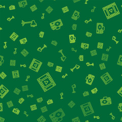 Set line Studio light bulb in softbox, Camera film roll cartridge and Photo camera on seamless pattern. Vector