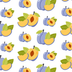 Seamless plum pattern. Hand drawn vector illustration for summer romantic cover, tropical wallpaper, vintage texture