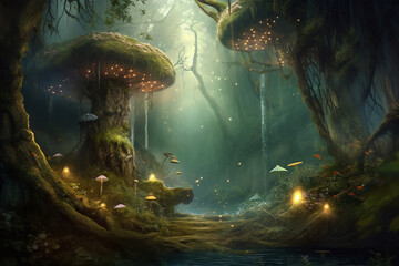 Des champignons géants dans une forêt enchantée » IA générative - obrazy, fototapety, plakaty